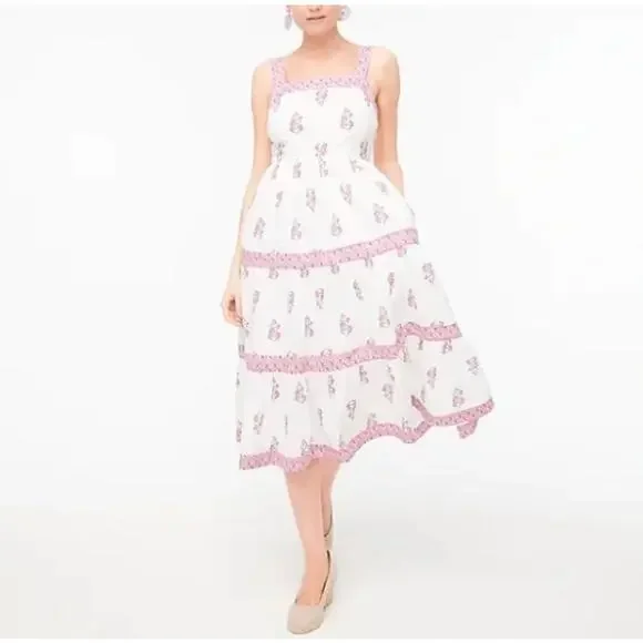 J. Crew Block-print square neck tiered midi dress size 4 - Picture 1 of 7